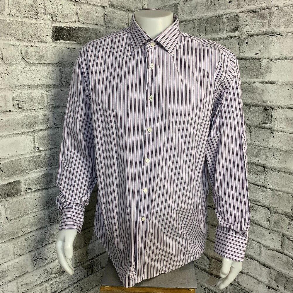 Canali Dress Shirt Mens 18/46 White Purple Blue Striped Luxury Business Corpcore